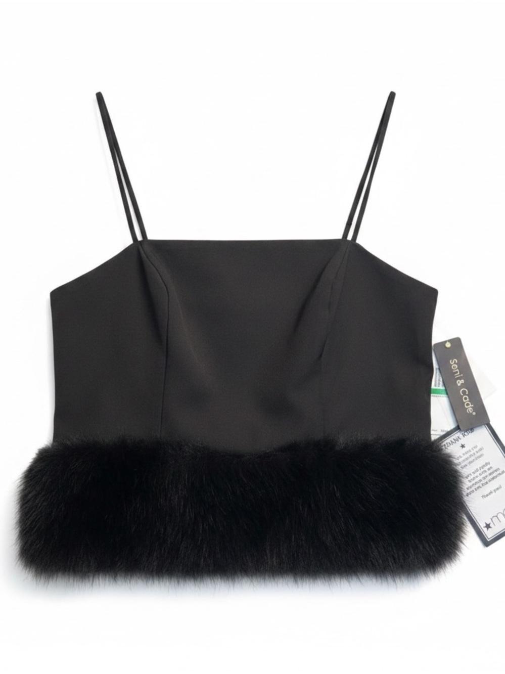 Black Faux Fur Trim Camisole Crop Top